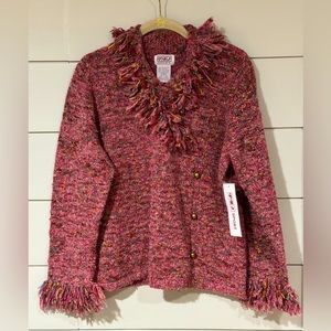 NEW Vintage PBJ Sport Pink Multicolored Fringe Sweater Size L
